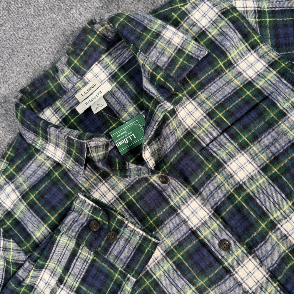 LL Bean Scotch Plaid Flannel Shirt Dress Gordon Green Blue Small Petite #4372